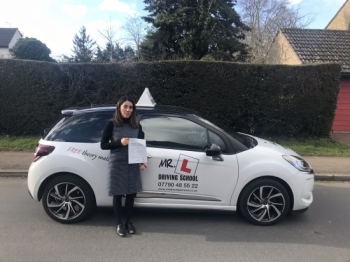 Congratulations to Virginia Vasconez who passed 1st time in Cambridge on the 26-2-18 after taking driving lessons with MRL Driving School