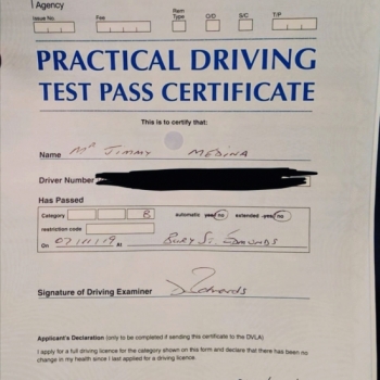 Congratulations to Jimmy Medina who passed 1st time in Bury St Edmunds on the 7-11-19 after taking driving lessons with MR.L Driving School.